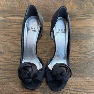 Stuart Weitzman Black Satin D’Orsay Heels with Rose Accent
